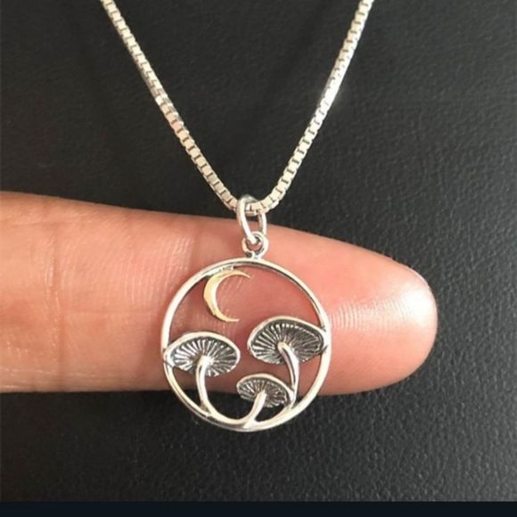 Sterling Silver titanium mushrooms and moon goth earthy boho necklace new - Picture 5 of 6